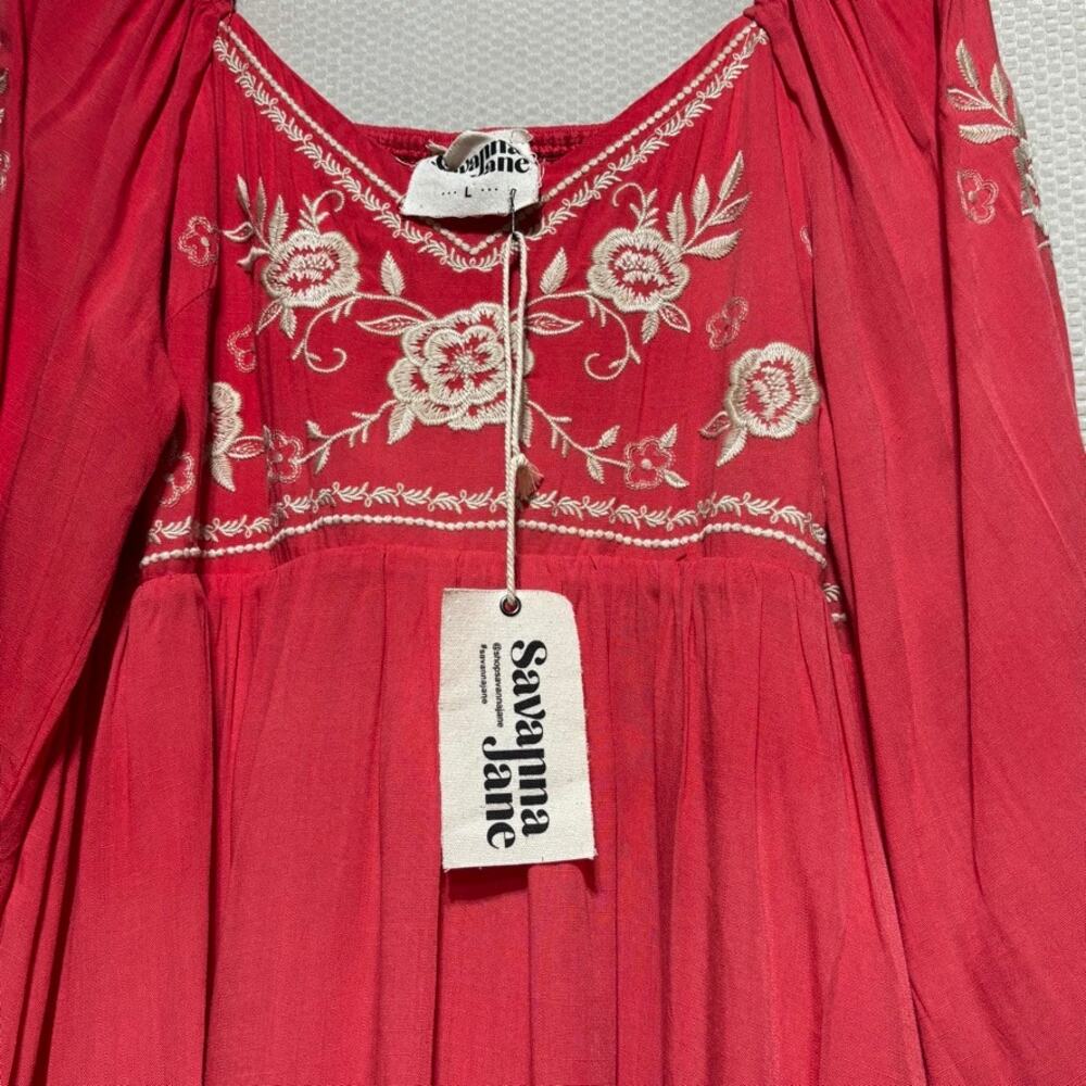 Savanna Jane Embroidered Boho Dress Women's Large NWT Coral Floral Long Sleeve - Picture 4 of 10
